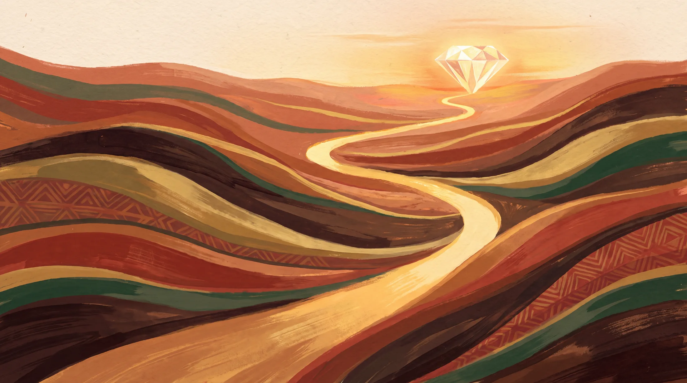 Un chemin doré qui serpente entre des collines de tissus colorés vers un diamant à l'horizon.