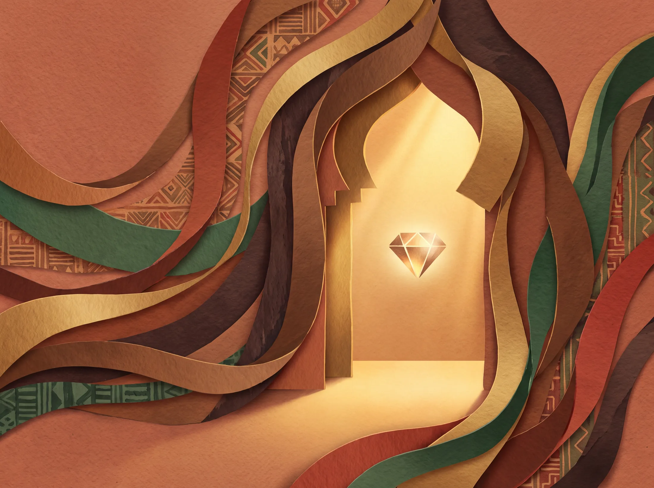 Une porte lumineuse ouverte sur un diamant, entourée de rubans de papier aux motifs géométriques.