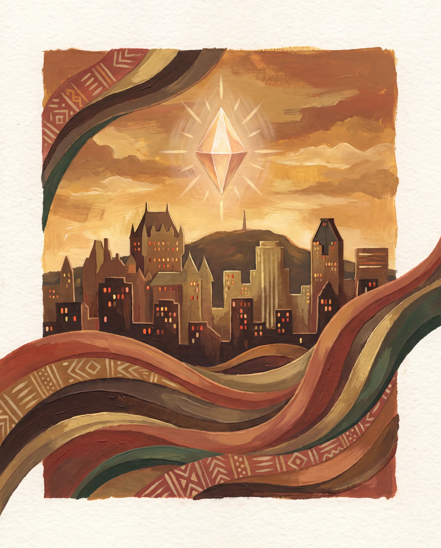 Une ville au crépuscule sous un diamant lumineux, traversée de rubans aux motifs géométriques.